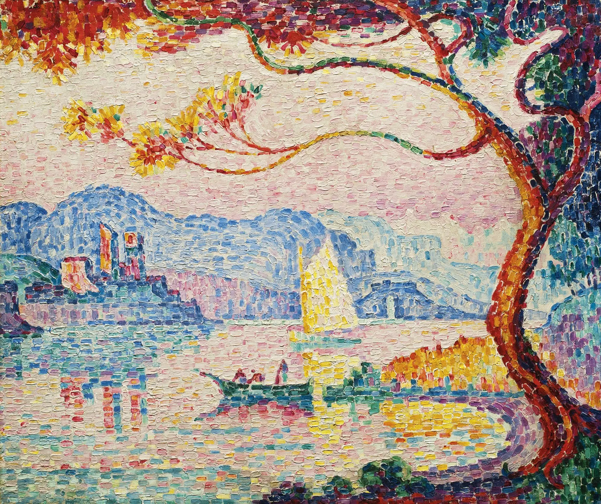 peinture pointilliste de paul signac représentant un paysage méditerranéen avec voilier