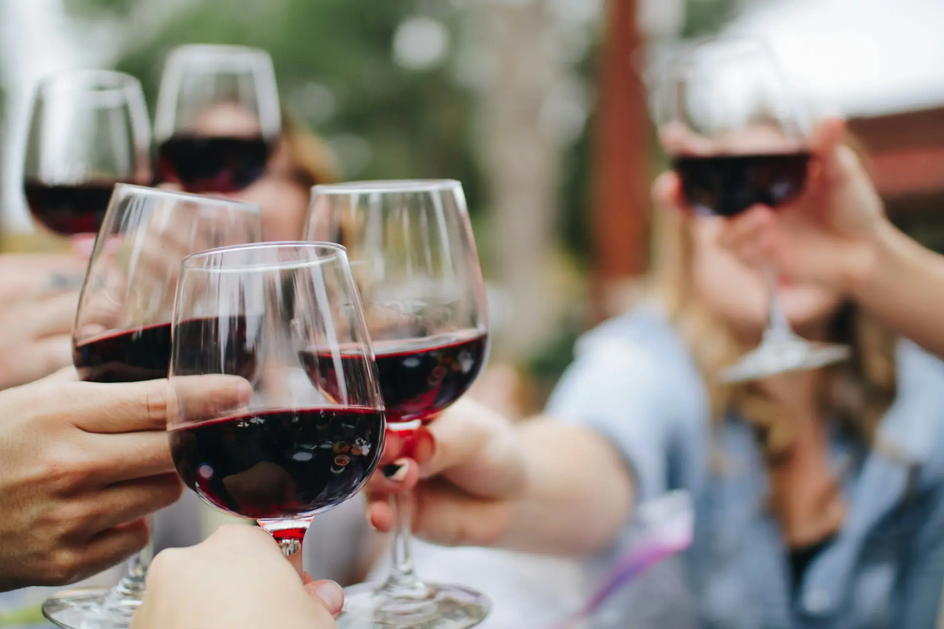groupe de personnes trinquant avec des verres de vin rouge lors d'une dégustation en plein air